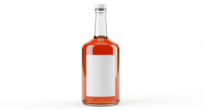 Realistic 3D render of a glass liquor bottle with an empty label on a clean white background for product mockups