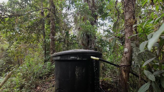 black water storage tank in lush jungle environment