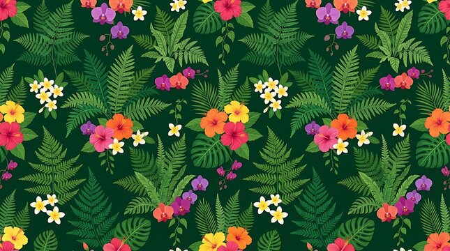 Tropical floral seamless pattern with hibiscus and fern leaves