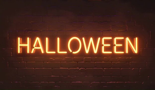 Large Orange Neon Sign Halloween on the Brick Wall
