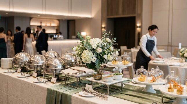 A server is arranging a lavish buffet spread on a long table. Guests are mingling in the background.