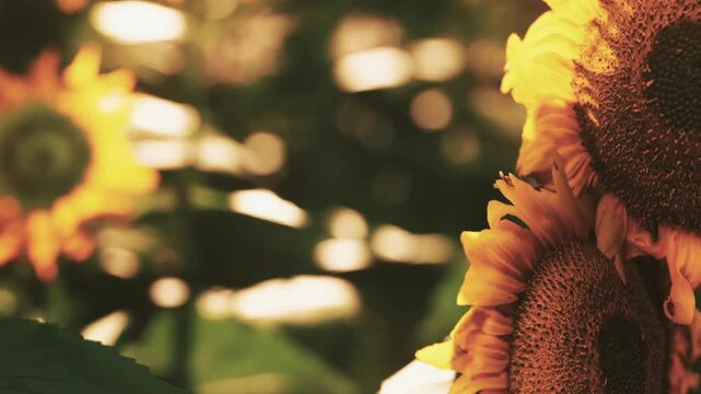 Two large sunflowers stand in a garden. The sun is shining brightly, creating a warm atmosphere. Green leaves surround the flowers. The moment captures natures beauty.