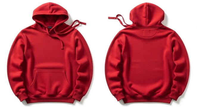 Red hoodie sweatshirt front and back view isolated on white background, premium cotton apparel template design