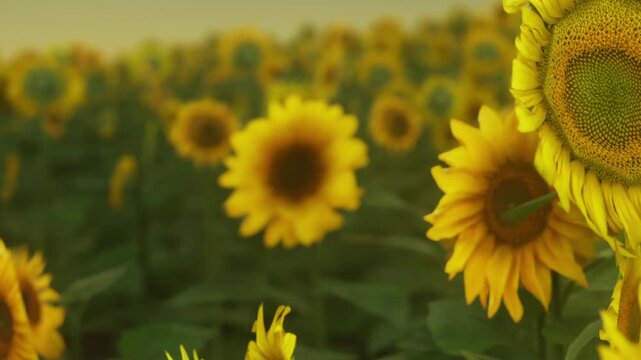 A field filled with tall sunflower plants swaying slightly in the summer breeze. Sunflowers stretch toward the sky with bright yellow petals and large brown centers, creating a cheerful scene.