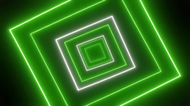 Green and white neon squares tunnel motion graphic with perspective and depth for technology backgrounds