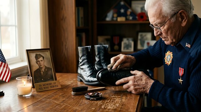 Elderly Veteran Polishing Shoes for Veterans Day Remembrance
