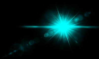 Fototapeta premium Abstract cyan light flare with lens effect and rays on black background