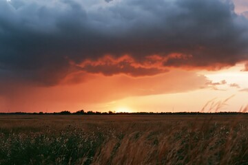 Obraz premium The Sunset Over Open Field with Dramatic Clouds at Twilight Horizon