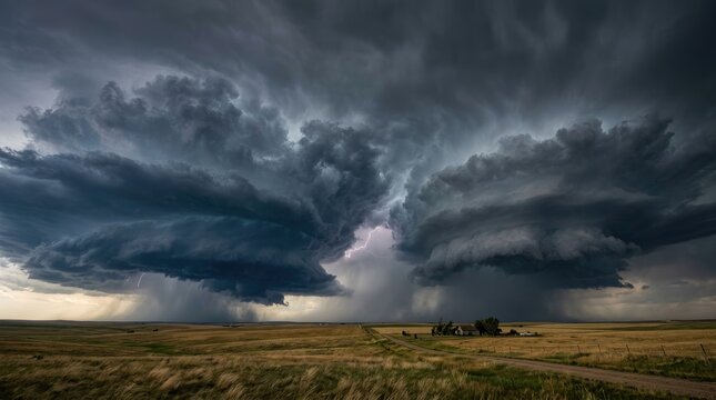 A dramatic, wide-angle photograph captures a massive supercell thunderstorm rolling across a vast, golden prairie landscape.