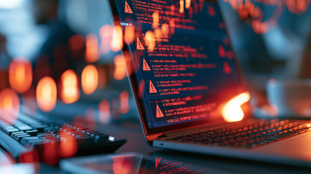 Close-up of laptop screen with system alert notifications, cybersecurity awareness, threat monitoring, vulnerability scanning, network protection, digital risk management, bright