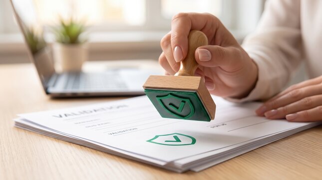Close up of hand stamping green shield check mark on paper document, validation approval, official authorization, quality assurance certificate, administrative paperwork