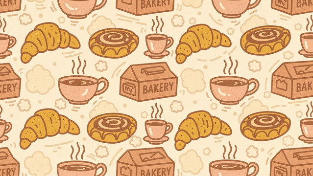 Cute seamless pattern featuring croissants, cinnamon rolls, coffee cups with steam and bakery boxes in warm cream and brown tones.

