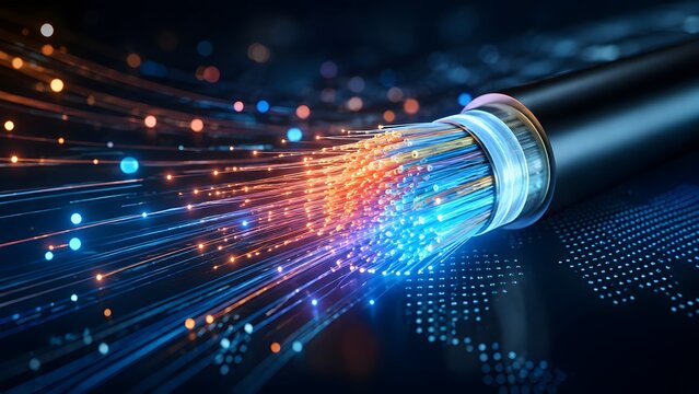 Radiant fiber optic cable emitting bright light over a digital world map. Concept of global telecommunication networks and international data transfer.