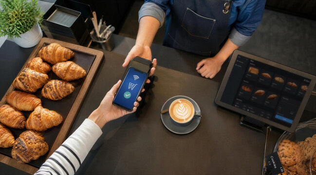 Contactless Mobile Payment at Cafe Counter With Croissants