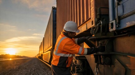 Fototapeta premium Railroad Worker Inspecting Freight Train at Sunset