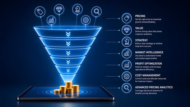 Glowing blue hologram funnel projecting onto a tablet screen with gold coins and business icons. Concept of digital marketing ROI, financial investment strategy, and e-commerce conversion.