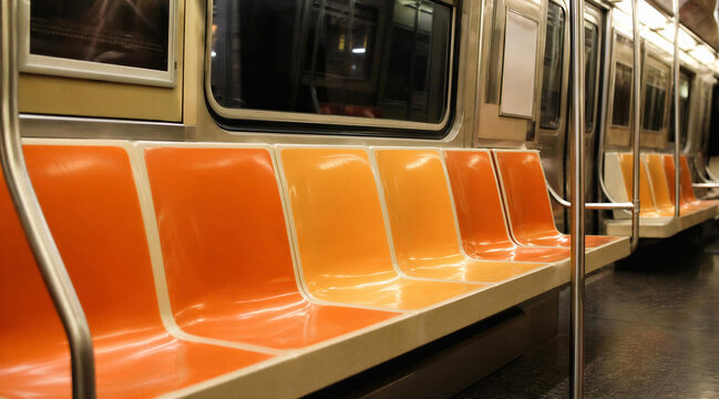 Empty Orange Seats Inside a Subway Train Car