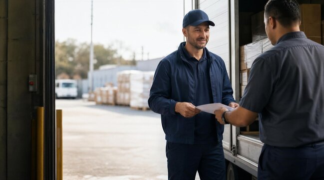 Delivery Driver Signing Documents at Loading Dock