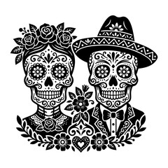 Fototapeta premium Sugar skull couple with hat and flower crown in black and white for wedding anniversary.