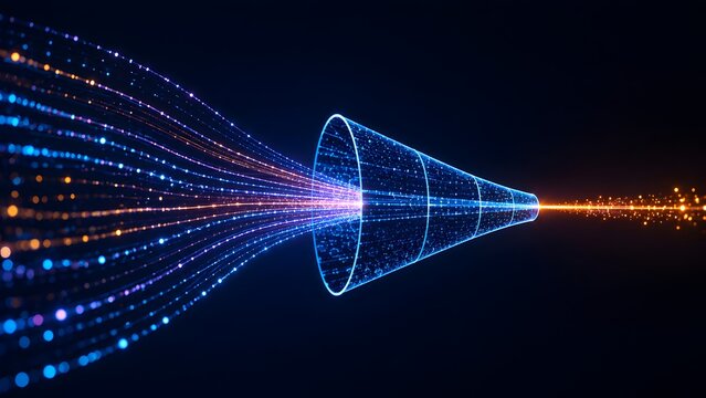 Horizontal wireframe funnel filtering glowing blue data streams. Concept of data processing, network optimization, and information compression.