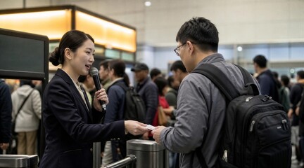 Obraz premium Airport Staff Checking Boarding Pass at Gate with Microphone