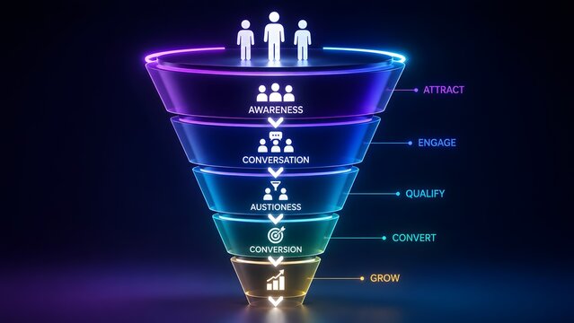 Glowing tiered funnel diagram with professional male figures. Concept of digital marketing strategy, customer acquisition, and lead generation.