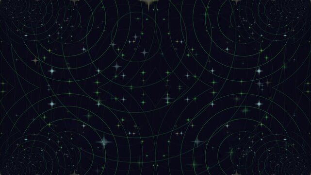 Kaleidoscopic dark background with swirling green lines and twinkling star-like particles