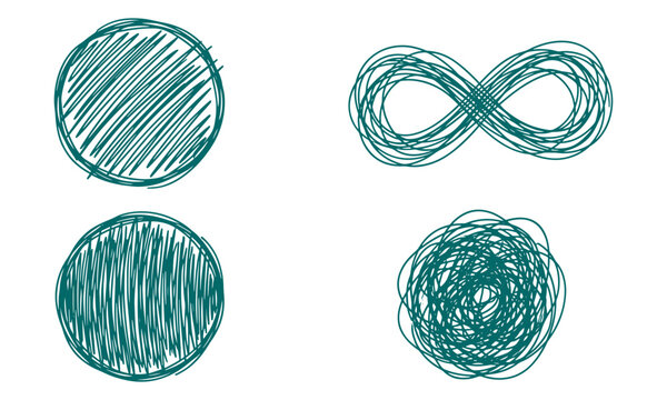 Abstract teal hand-drawn scribble shapes circles infinity symbol sketch set scribble infinity abstract collection isolated background creative handwriting illustration