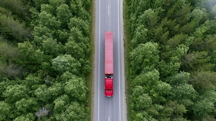 Obraz premium The Red Truck Navigating a Narrow Forest Road From an Aerial Perspective