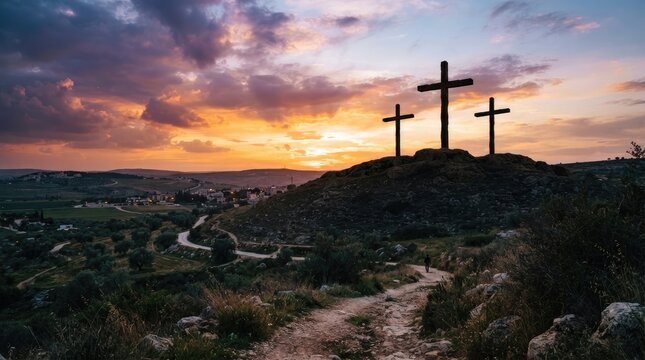 Three crosses stand silhouetted against a dramatic sunset over a rolling hillside. A lone figure walks along a winding path through the rocky terrain.