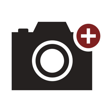 Black camera icon with a red plus sign symbol for add photo, photography