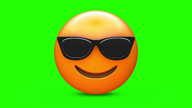 3D Glossy Smiling Face with Sunglasses Cool Coolness Emoji with Black Shades 4k stock animation video on a green screen for chroma key background in video editing.