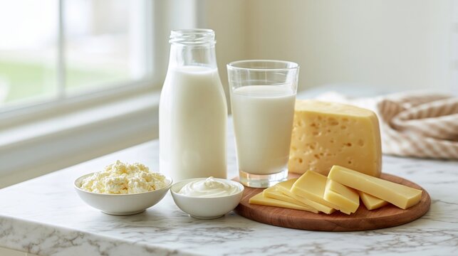 The Creamy Cheese and Milk Dairy Platter on Marble Countertop