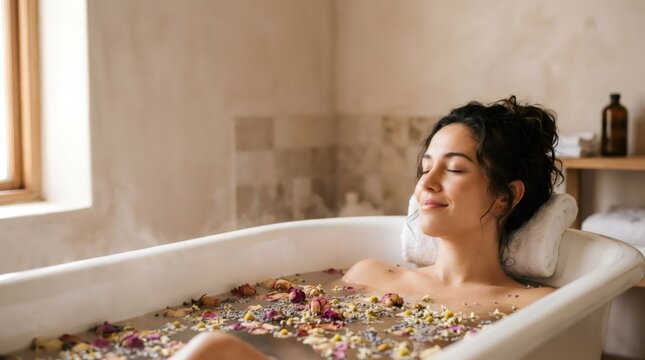 Woman relaxing in a flower petal bath at home. Self care, wellness and peaceful spa routine concept with natural light and copy space for beauty and lifestyle content.