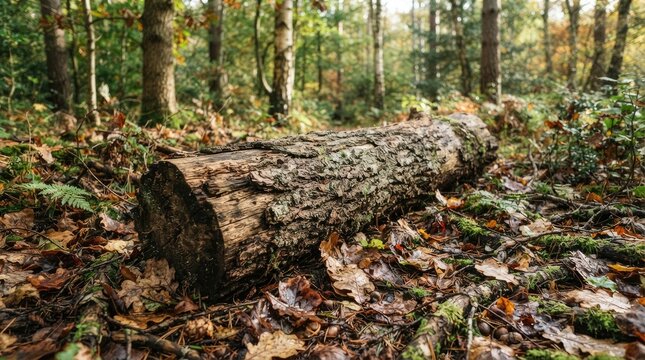 A large, weathered log rests on a bed of fallen leaves and moss in a dense forest. Sunlight filters through the trees, illuminating the log and surrounding foliage.
