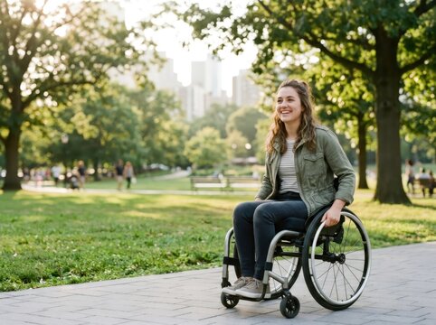 Smiling woman using wheelchair in sunny city park. Accessibility, independence, outdoor recreation and inclusive community concept with copy space.