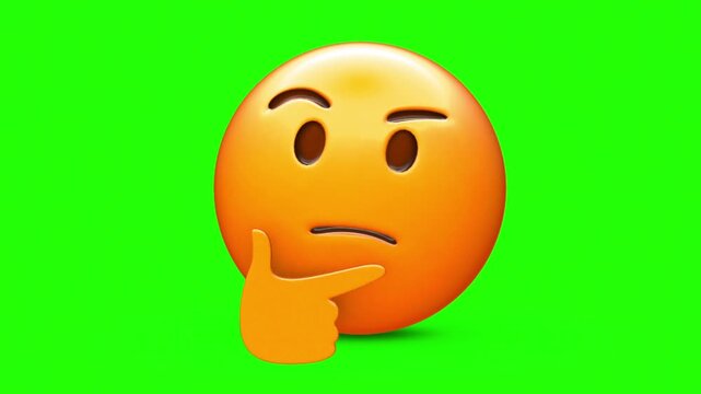 3D Glossy Thinking Face Emoji with Hand on Chin and Raised Eyebrow Pondering 4k stock animation video on a green screen for chroma key background in video editing.