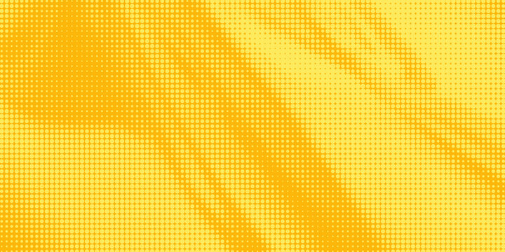 Yellow halftone pattern. Retro comic gradient background. Bright orange pixelated dotted texture overlay. Cartoon pop art faded gradient pattern. Vector backdrop for poster, banner, advertisement