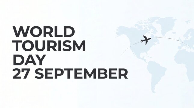 World Tourism Day celebration with airplane trail over world map and text on a white background