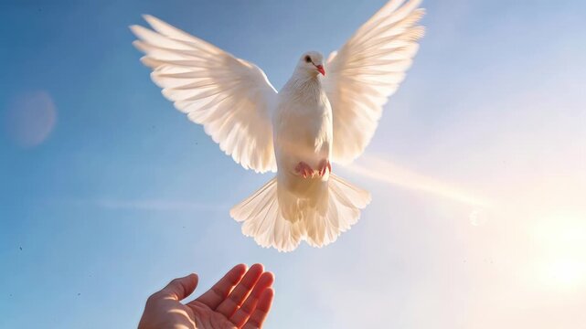 White dove taking flight from human hand against clear blue sky. Low angle view of bird spreading wings in bright sunlight.