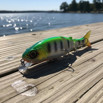 Colorful fishing lure resting on wooden dock by water.