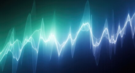 Fototapeta premium Digital Audio Spectrum Visualization with Glowing Blue and Green Wavy Lines on Dark Background