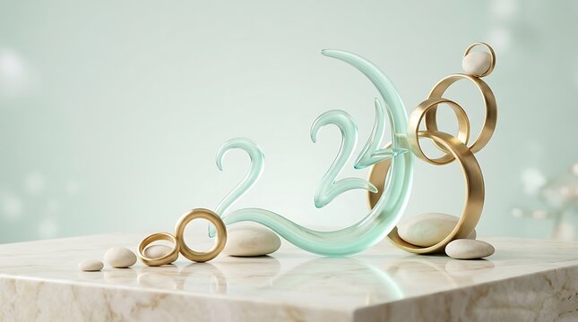 Abstract number twenty four made of clear glass with gold rings on marble texture surface.