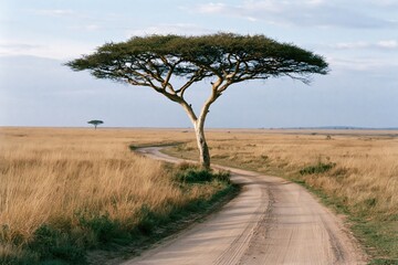 Fototapeta premium The Iconic Acacia Tree on a Winding Savannah Road at Sunset
