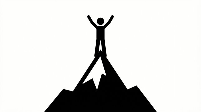 Stick figure person standing triumphantly atop a jagged mountain peak raising arms high in a victorious gesture of absolute achievement against a plain white background