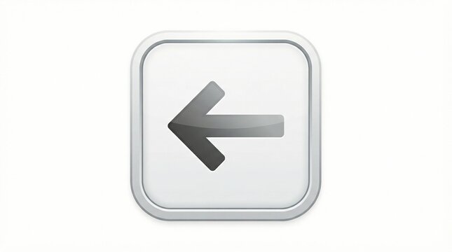 Glossy white navigation button featuring a dark grey directional left arrow symbol isolated on a clean minimalist background for digital interface design and web site usability