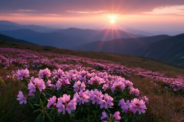 Fototapeta premium The Pink Flowers on the Mountain Slope at Sunrise with Distant Peaks
