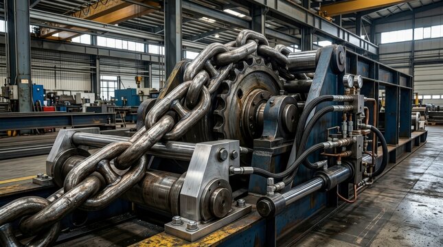 Heavy steel chain sits on a large mechanical winch inside an industrial assembly hall.