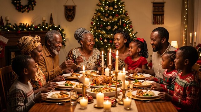 Multi-generational Black family laughing and enjoying a festive Christmas dinner together by candlelight in a decorated dining room