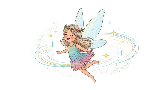 Colorful Fairy with Sparkling Wings Flying in Magic Circle.